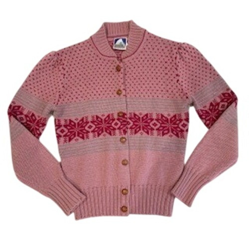 Sierra Designs Vintage 100% Wool Nordic Fair Isle Cardigan Sweater Pink Women S